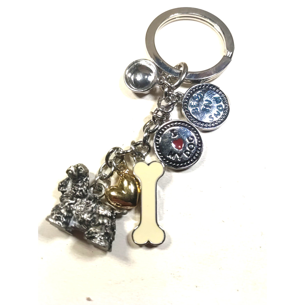 Dog Keychain Cocker Spaniel Bone Bowl Silver Tone - Picture 5 of 7